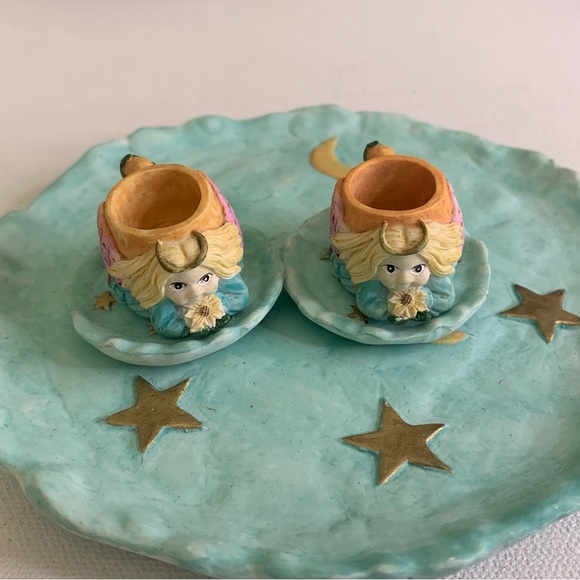 Miniature Tea Set Angels Tea Cups Plates Moon Stars Resin VTG 1995 Young's Inc - Picture 3 of 16